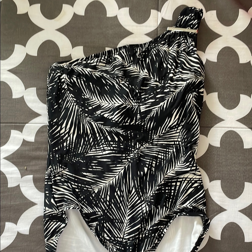 Michael Kors Black and White One-Shoulder Swimsuit